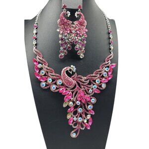 Pink Aurora Borealis Crystal & Rhinestone Peacock Bib Necklace Jewelry Set 25"